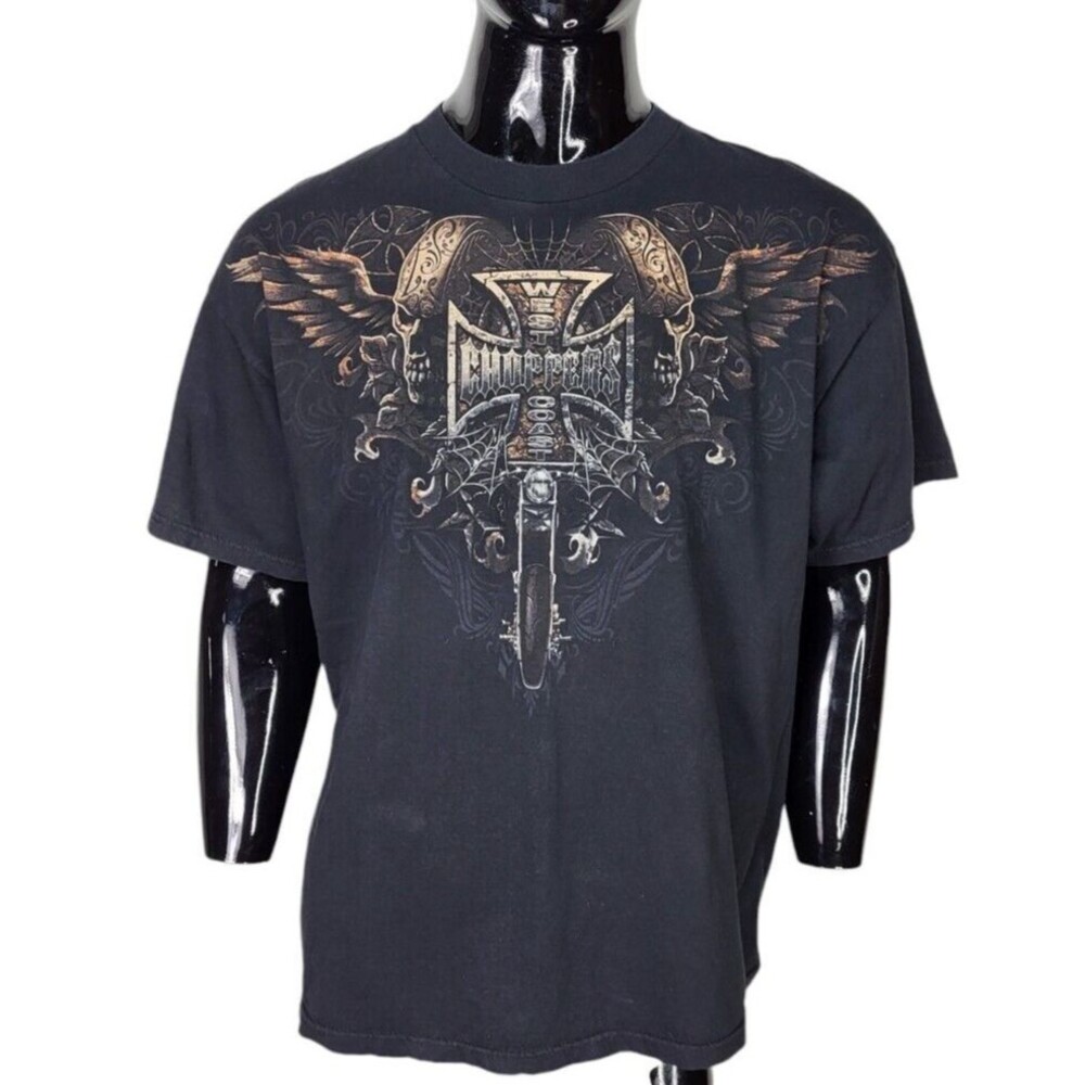 VTG Y2K West Coast Choppers Skulls Cobwebs Flame Gradient Sun Faded Tee XL
